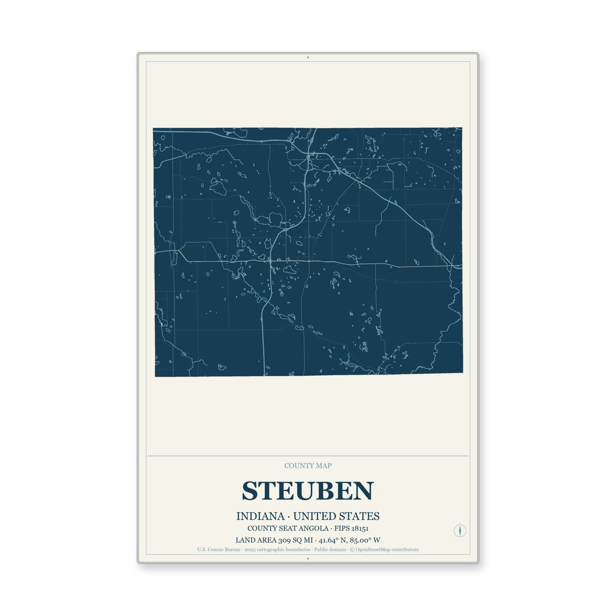 Steuben County, Indiana Map Aluminum Sign in Coastal Cutout style
