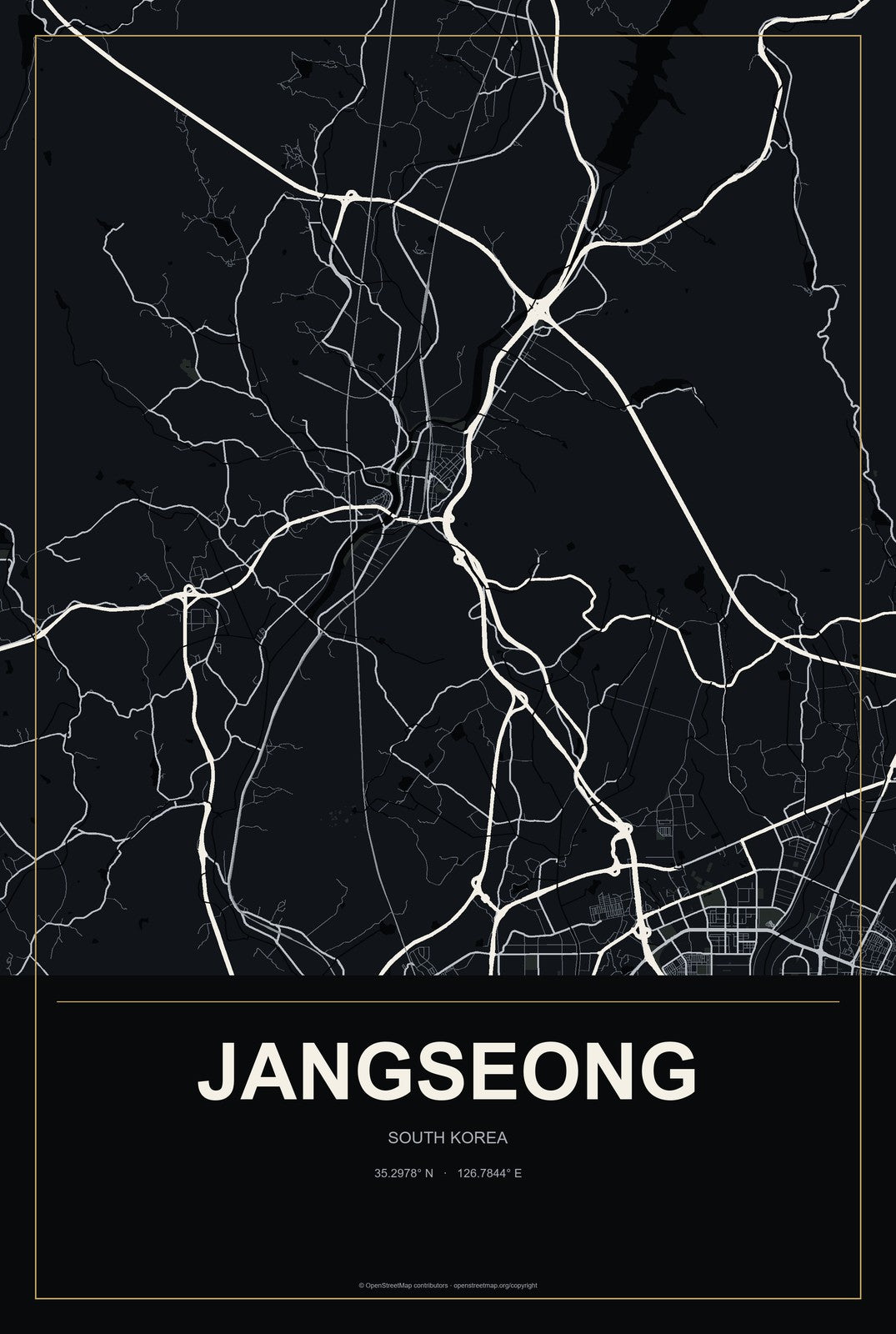 Jangseong, South Korea City Map Aluminum Sign in Metropolitan Noir style