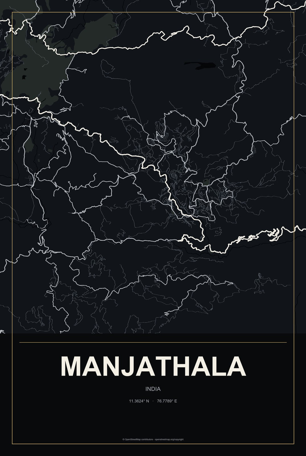 Manjathala, India City Map Aluminum Sign in Metropolitan Noir style