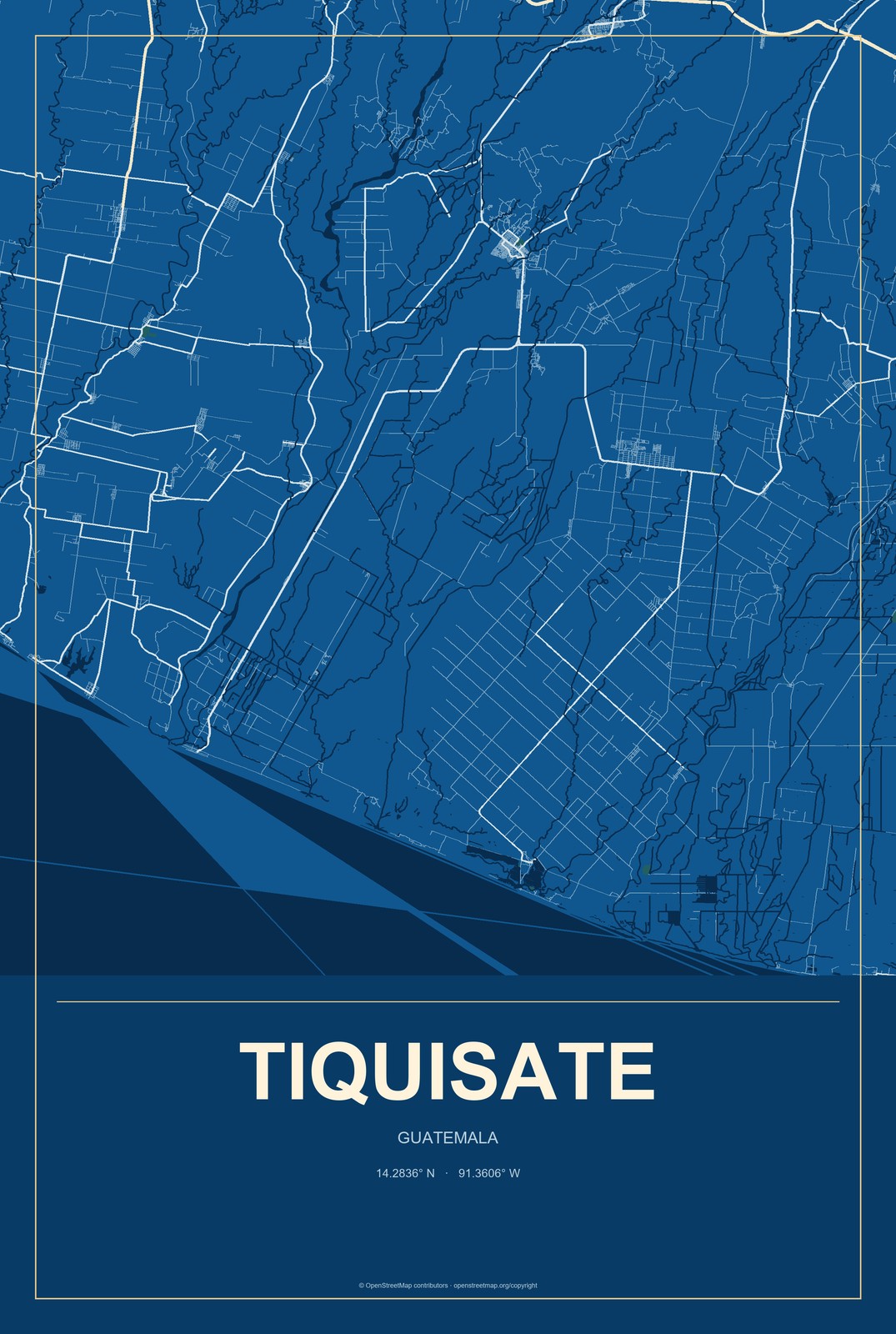 Tiquisate, Guatemala City Map Aluminum Sign in Harbor Cobalt style