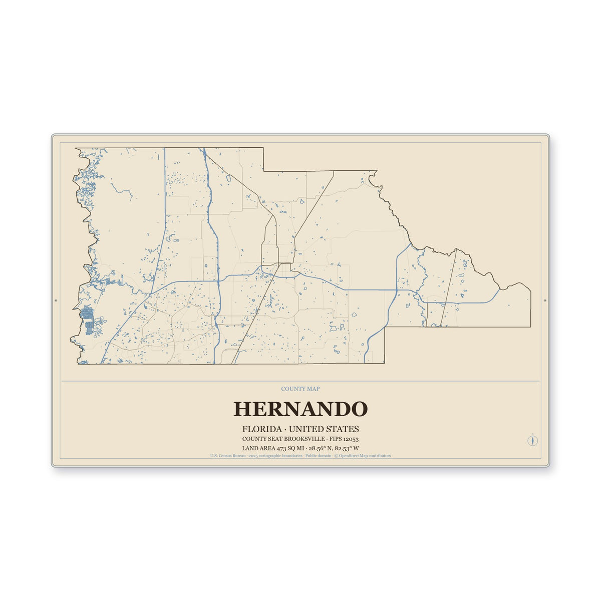 Hernando County, Florida Map Aluminum Sign in Heritage Nautical style