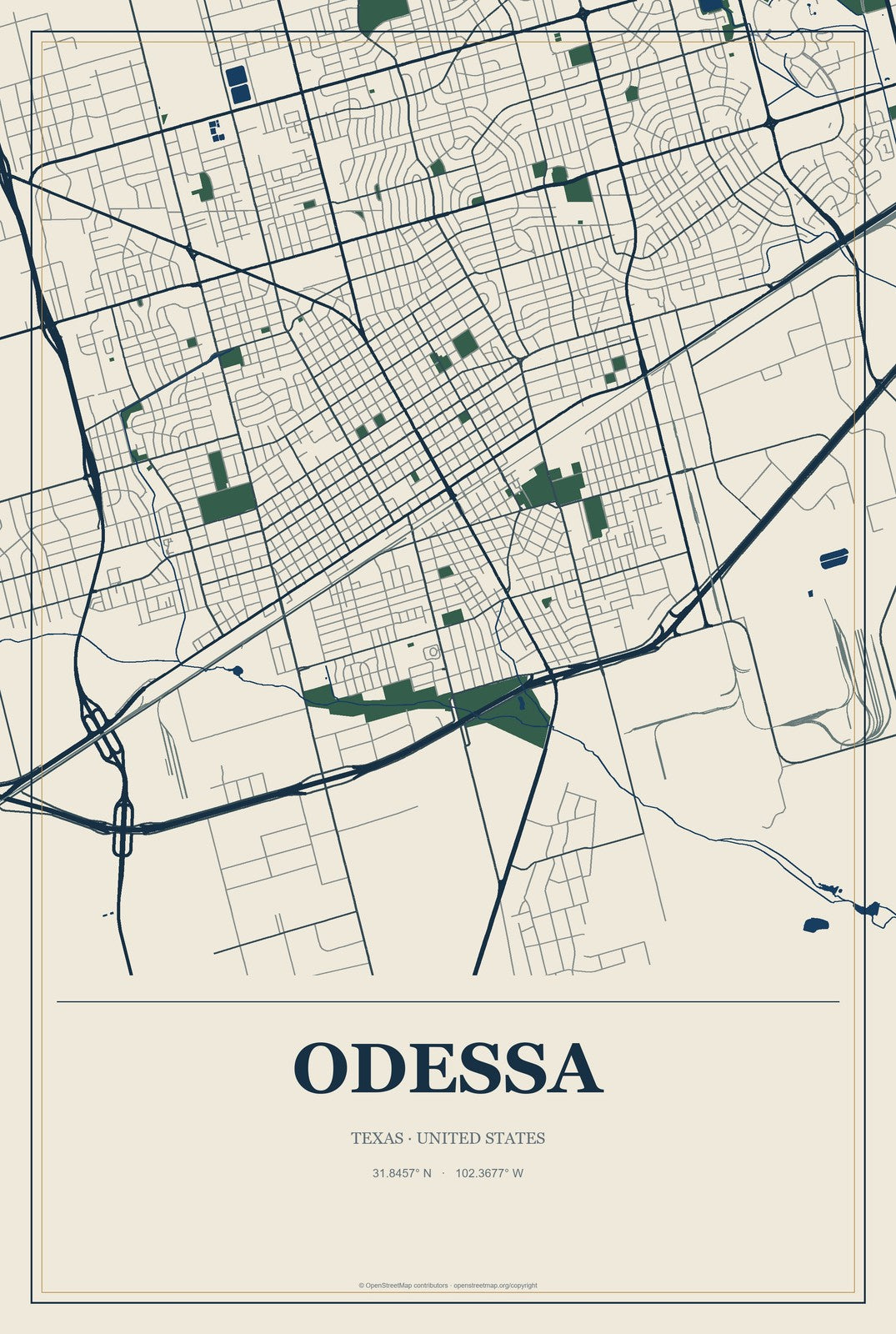 Odessa, Texas City Map Aluminum Sign in Coastal Cutout style