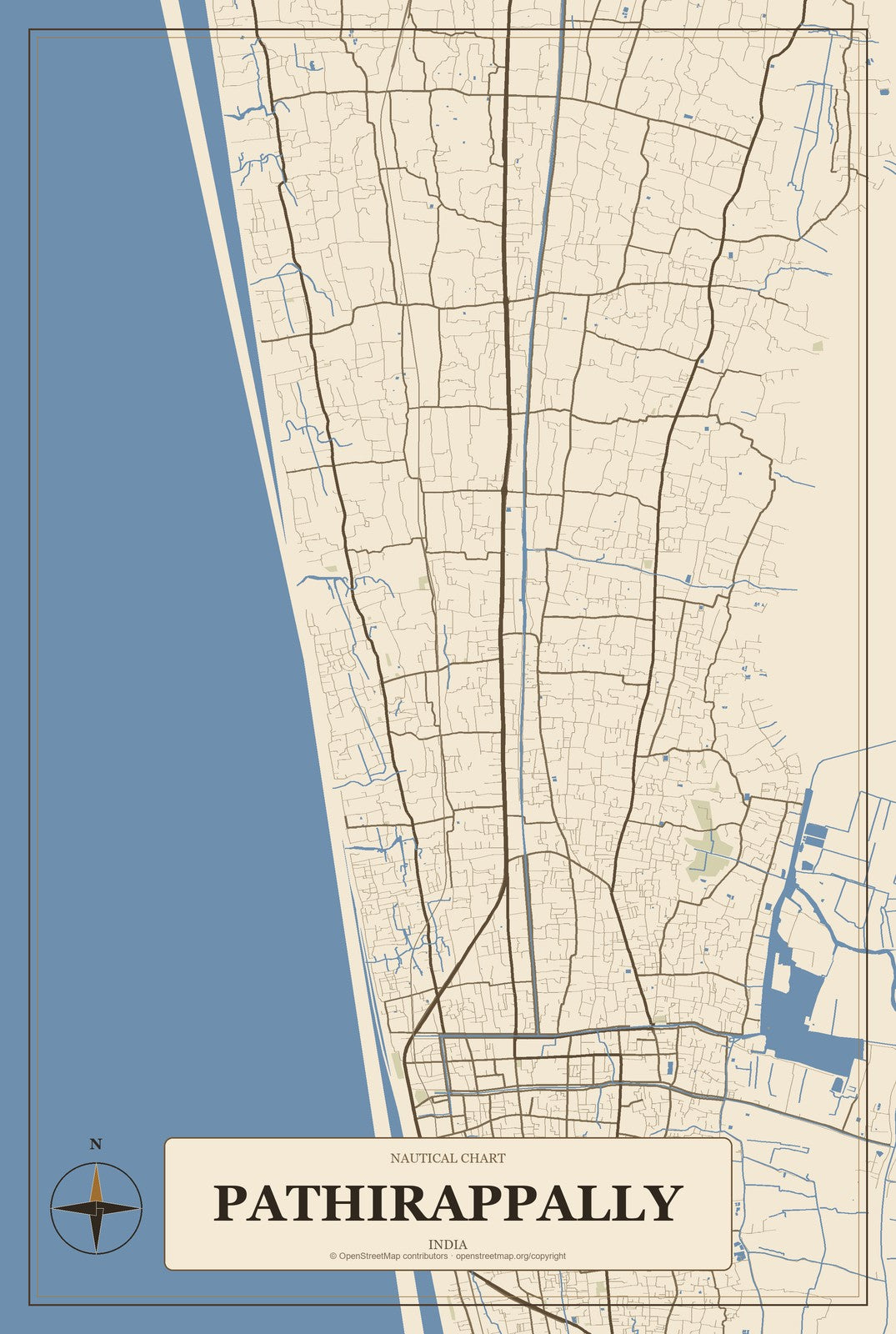 Pathirappally, India City Map Aluminum Sign in Heritage Nautical style