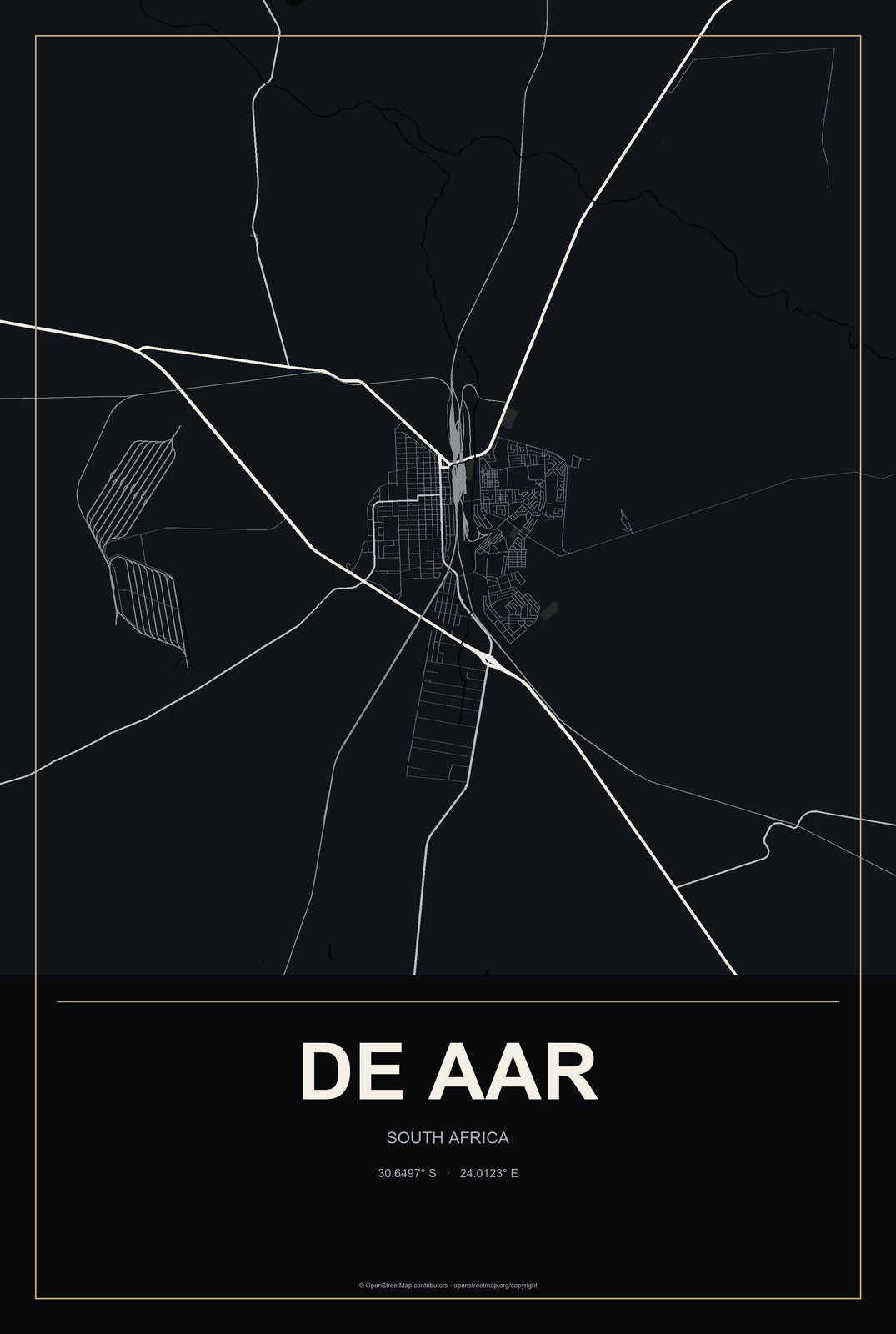 De Aar, South Africa City Map Aluminum Sign in Metropolitan Noir style