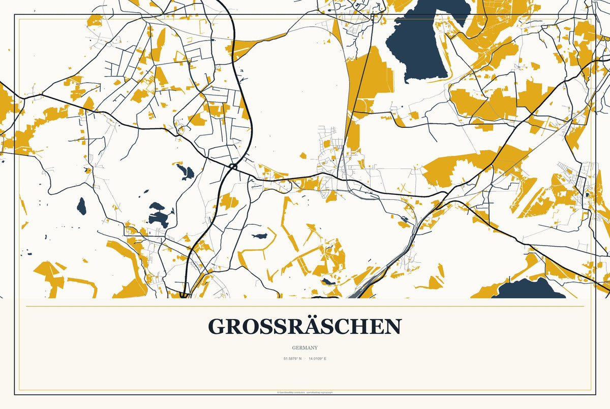 Großräschen, Germany City Map Aluminum Sign in Citrine Modern style