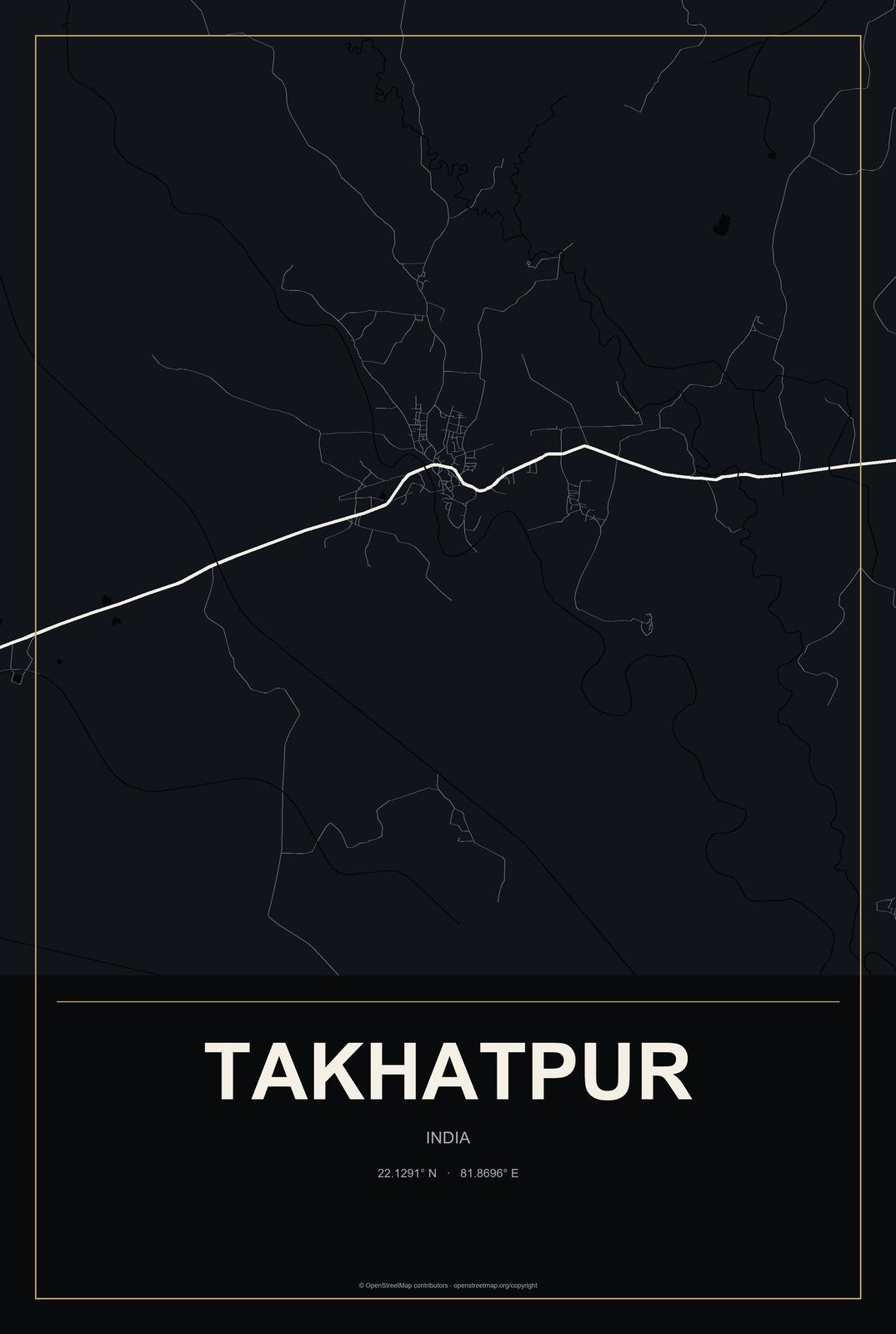 Takhatpur, India City Map Aluminum Sign in Metropolitan Noir style