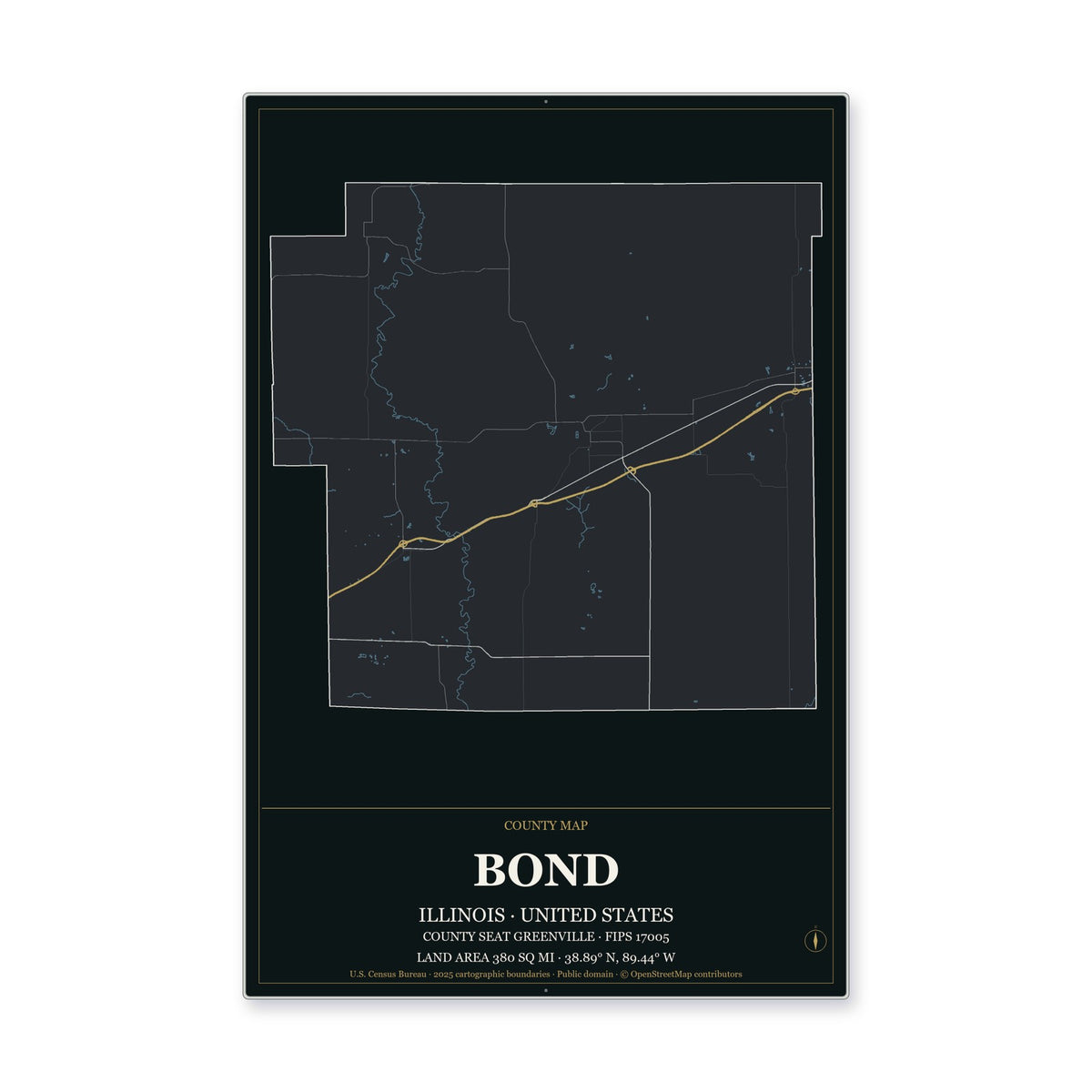 Bond County, Illinois Map Aluminum Sign in Metropolitan Noir style