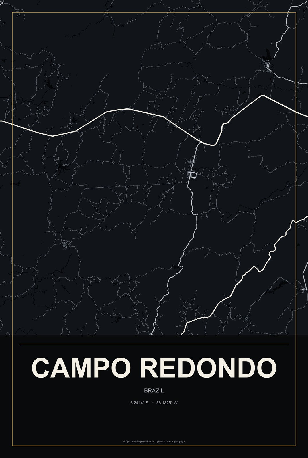 Campo Redondo, Brazil City Map Aluminum Sign in Metropolitan Noir style