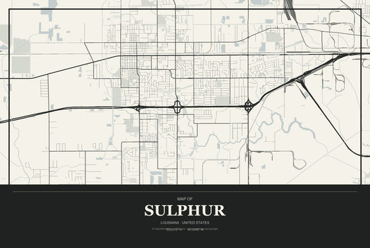 Sulphur, Louisiana City Map Aluminum Sign in Museum Plaque style