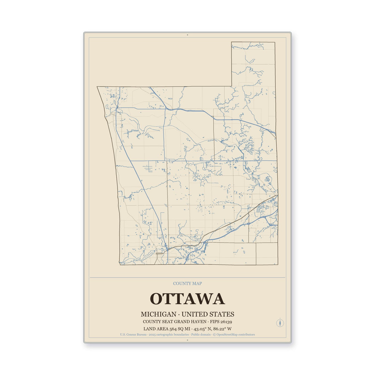 Ottawa County, Michigan Map Aluminum Sign in Heritage Nautical style