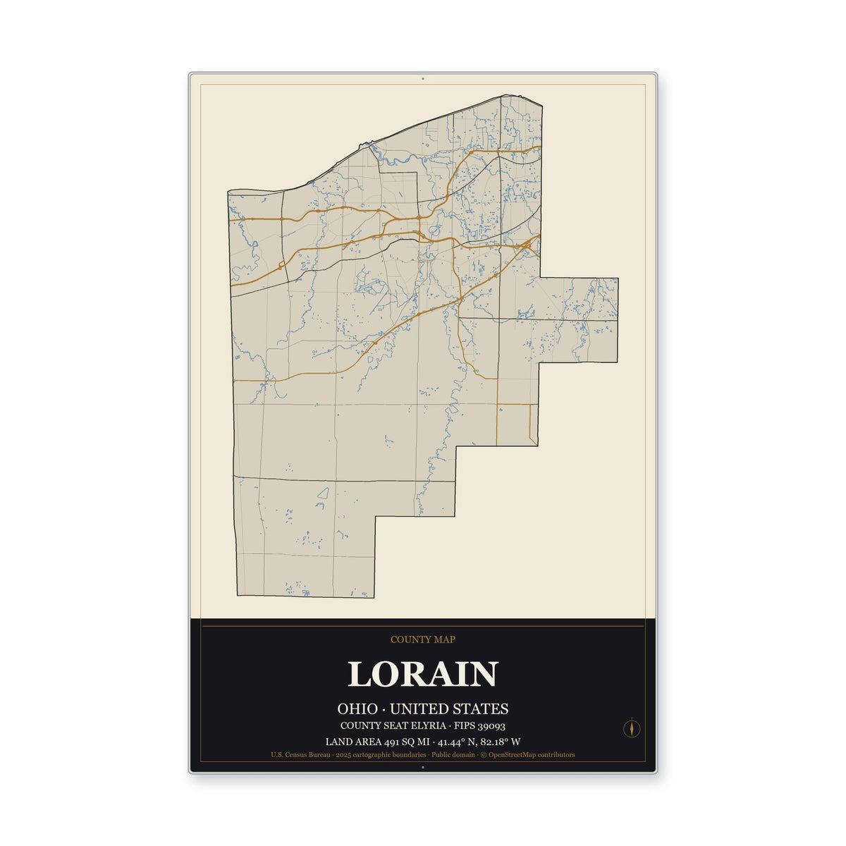Lorain County, Ohio Map Aluminum Sign in Museum Plaque style