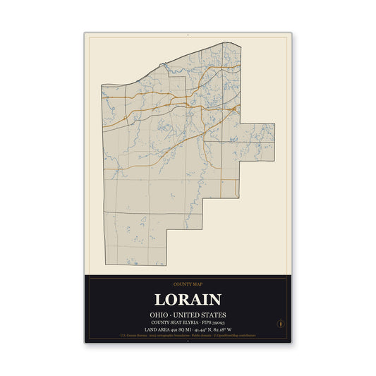 Lorain County, Ohio Map Aluminum Sign in Museum Plaque style