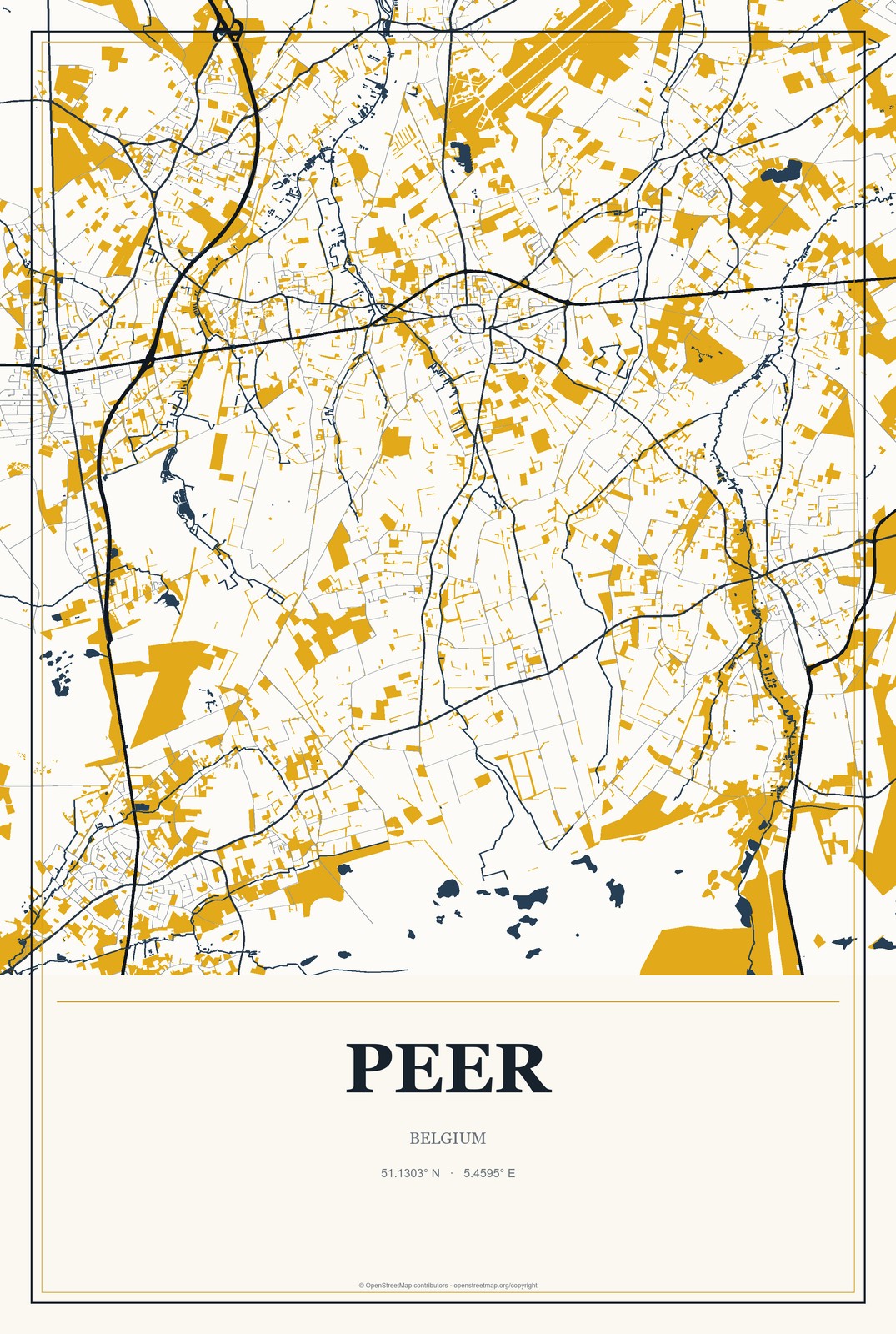Peer, Belgium City Map Aluminum Sign in Citrine Modern style