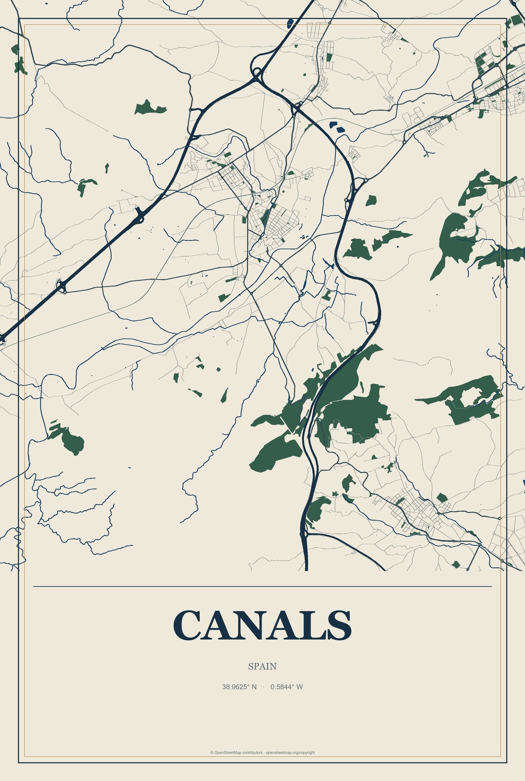 Canals, Spain City Map Aluminum Sign in Coastal Cutout style