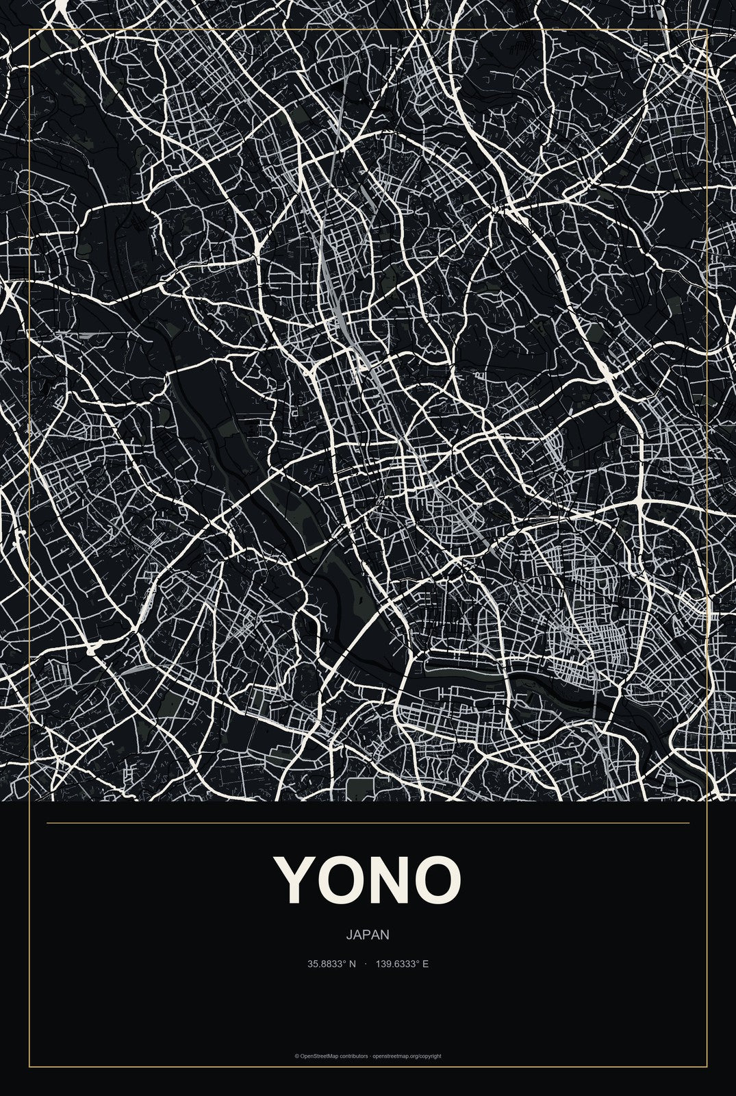 Yono, Saitama, Japan City Map Aluminum Sign in Metropolitan Noir style