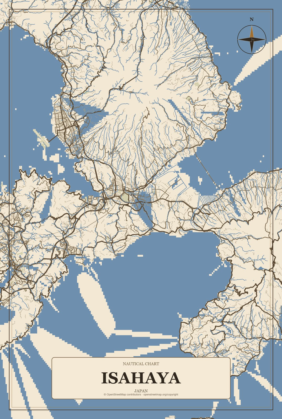 Isahaya, Japan City Map Aluminum Sign in Heritage Nautical style