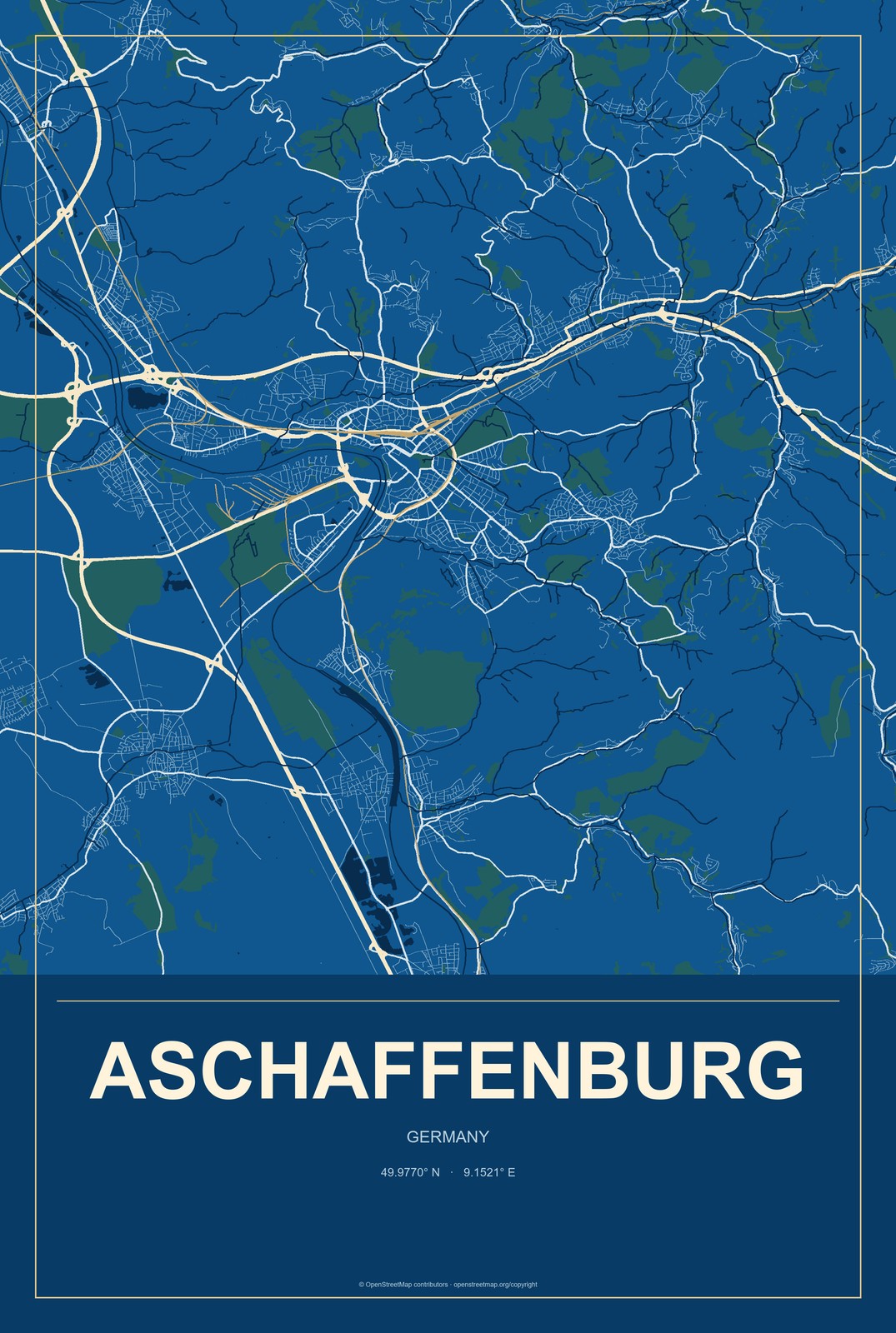 Aschaffenburg, Germany City Map Aluminum Sign in Harbor Cobalt style