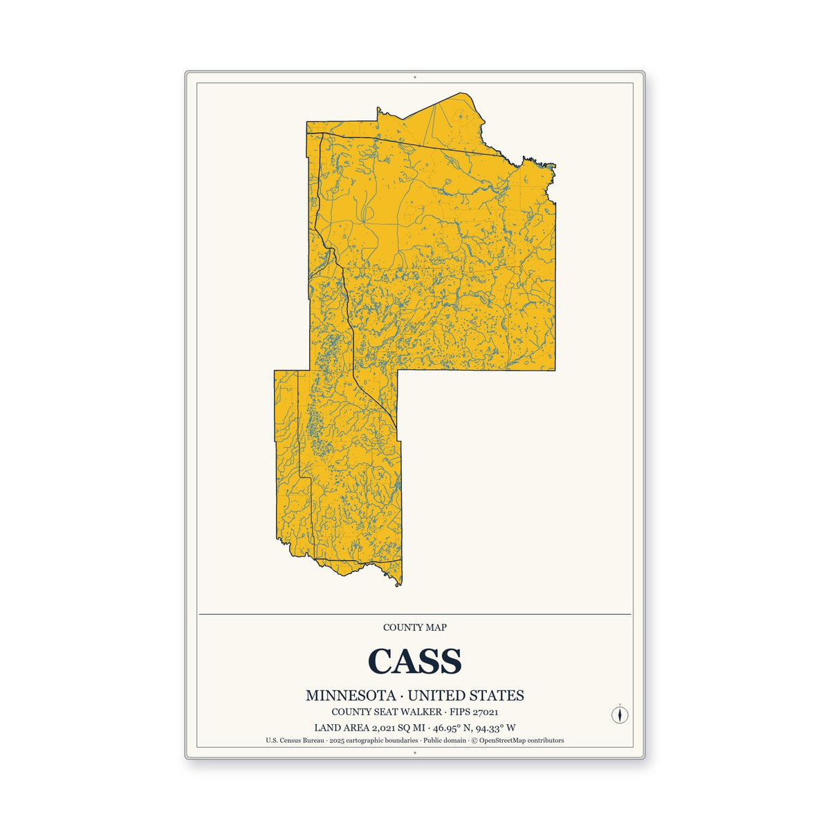 Cass County, Minnesota Map Aluminum Sign in Citrine Modern style