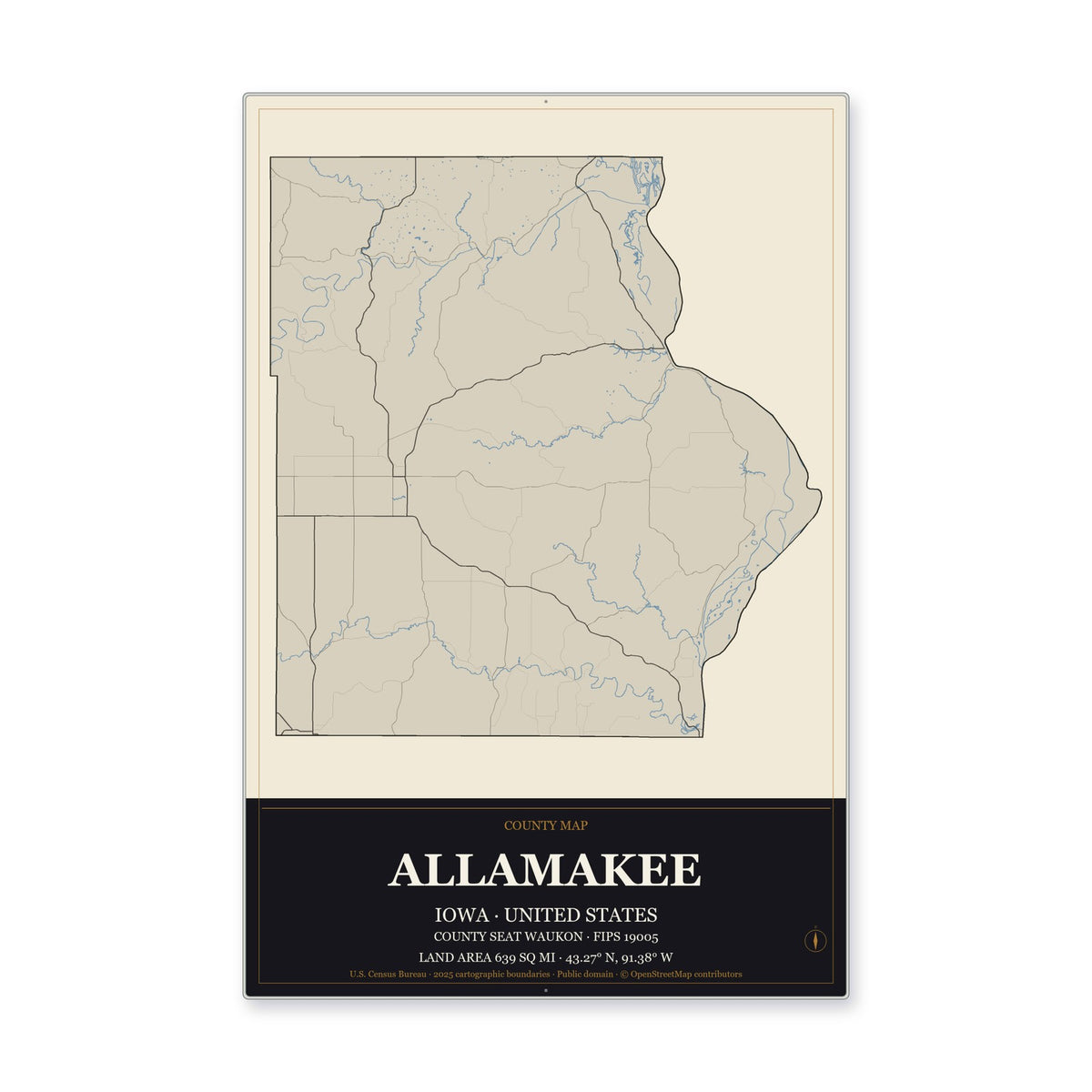 Allamakee County, Iowa Map Aluminum Sign in Museum Plaque style