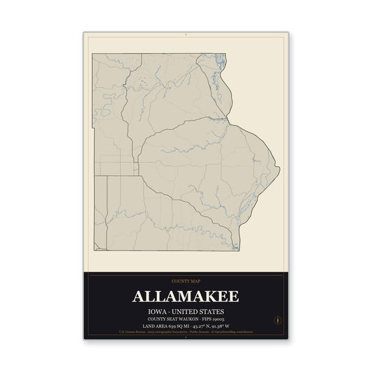 Allamakee County, Iowa Map Aluminum Sign in Museum Plaque style