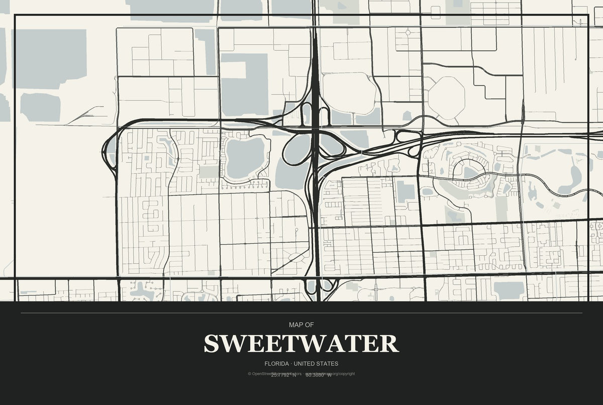 Sweetwater, Florida City Map Aluminum Sign in Museum Plaque style