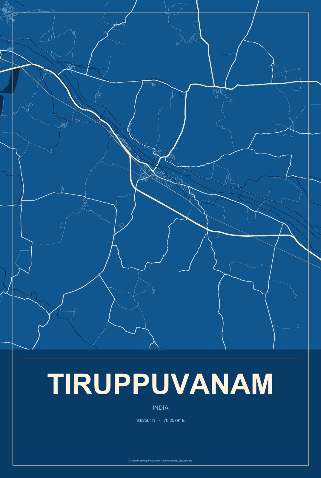 Tiruppuvanam, India City Map Aluminum Sign in Harbor Cobalt style