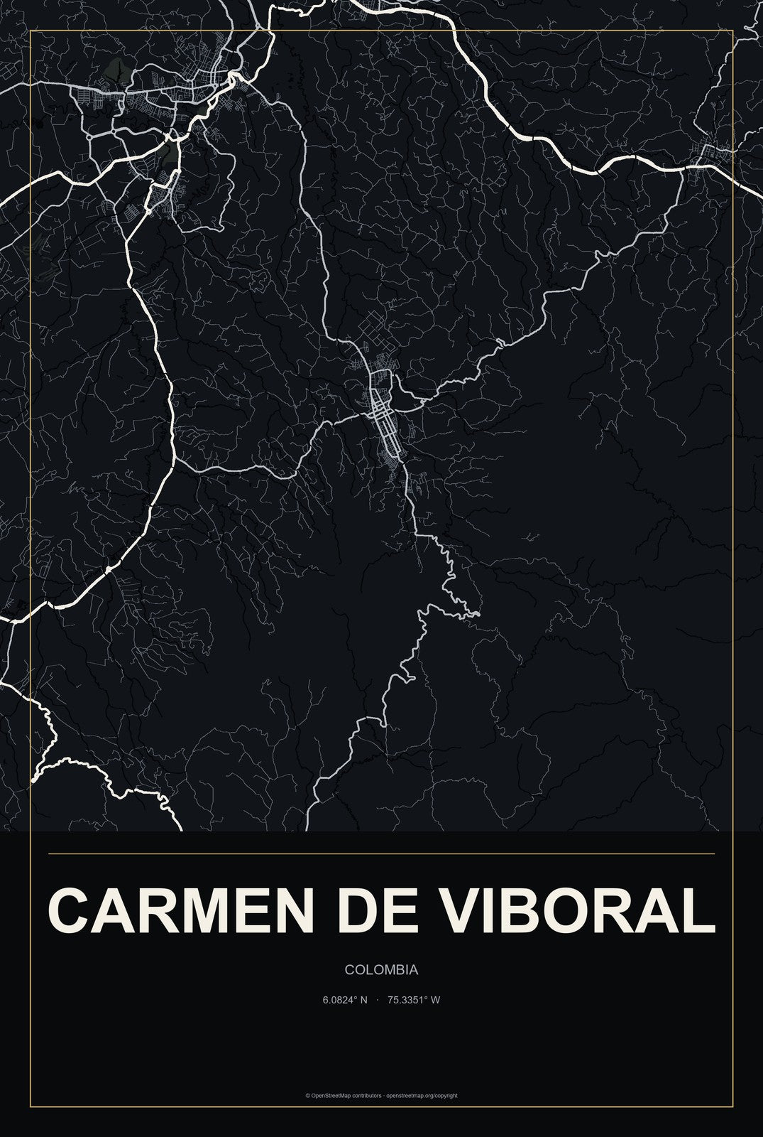Carmen de Viboral, Colombia City Map Aluminum Sign in Metropolitan Noir style