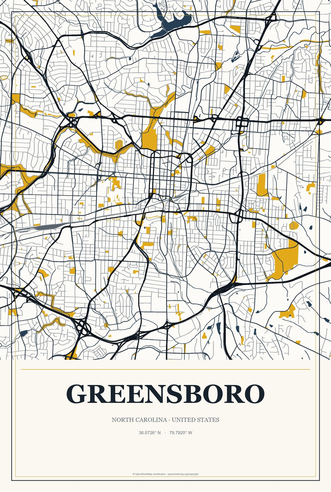 Greensboro, North Carolina City Map Aluminum Sign in Citrine Modern style