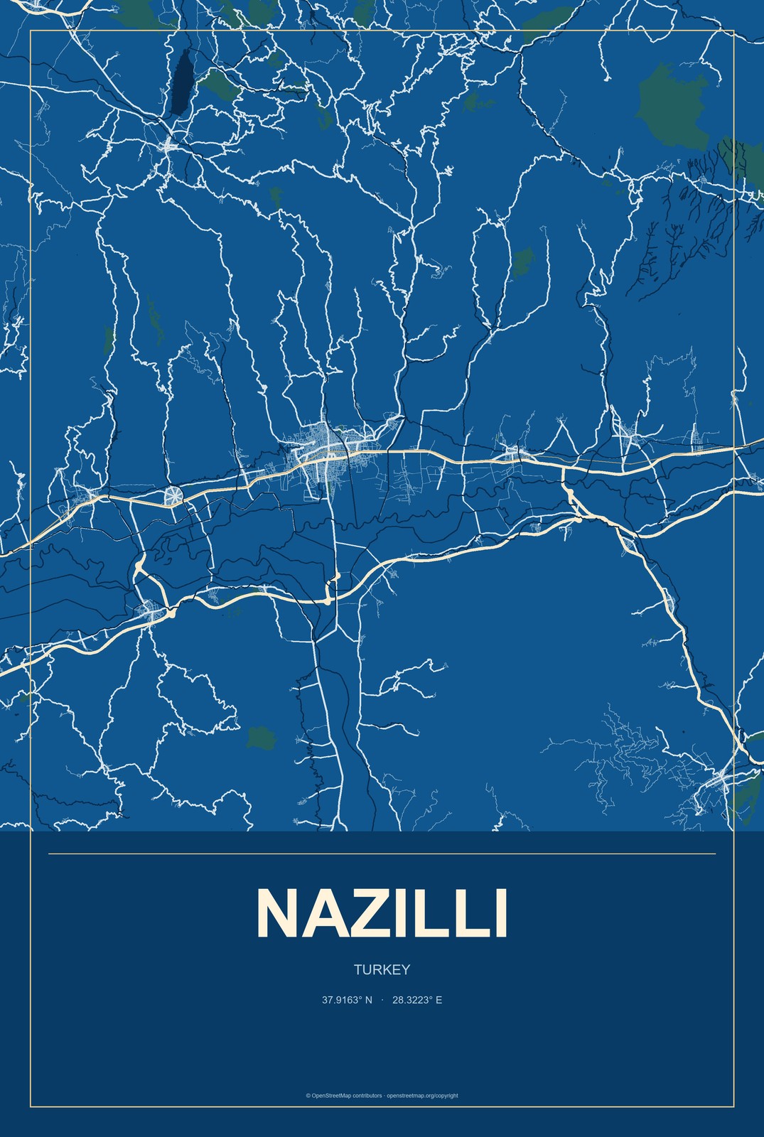 Nazilli, Turkey City Map Aluminum Sign in Harbor Cobalt style