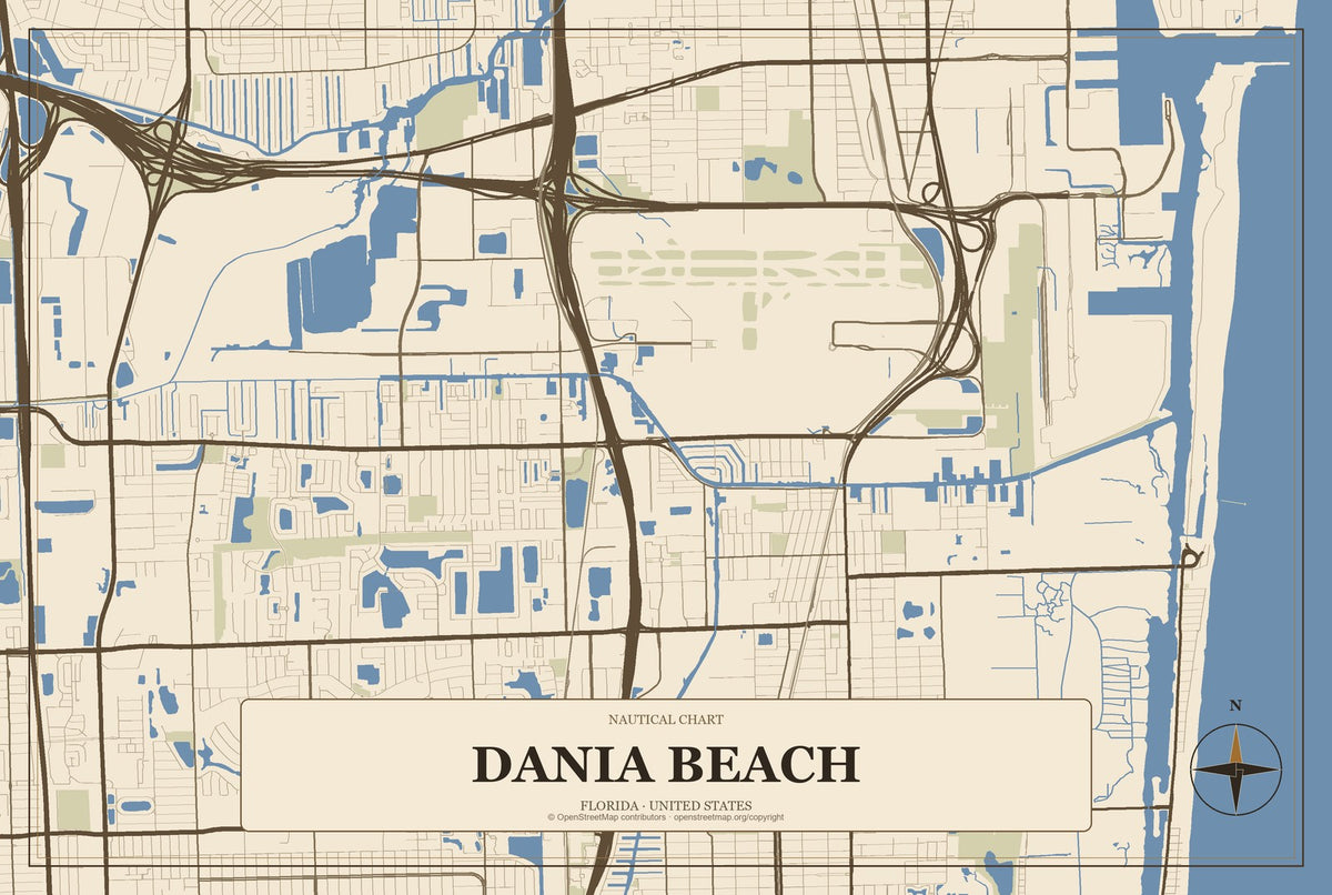 Dania Beach, Florida City Map Aluminum Sign in Heritage Nautical style
