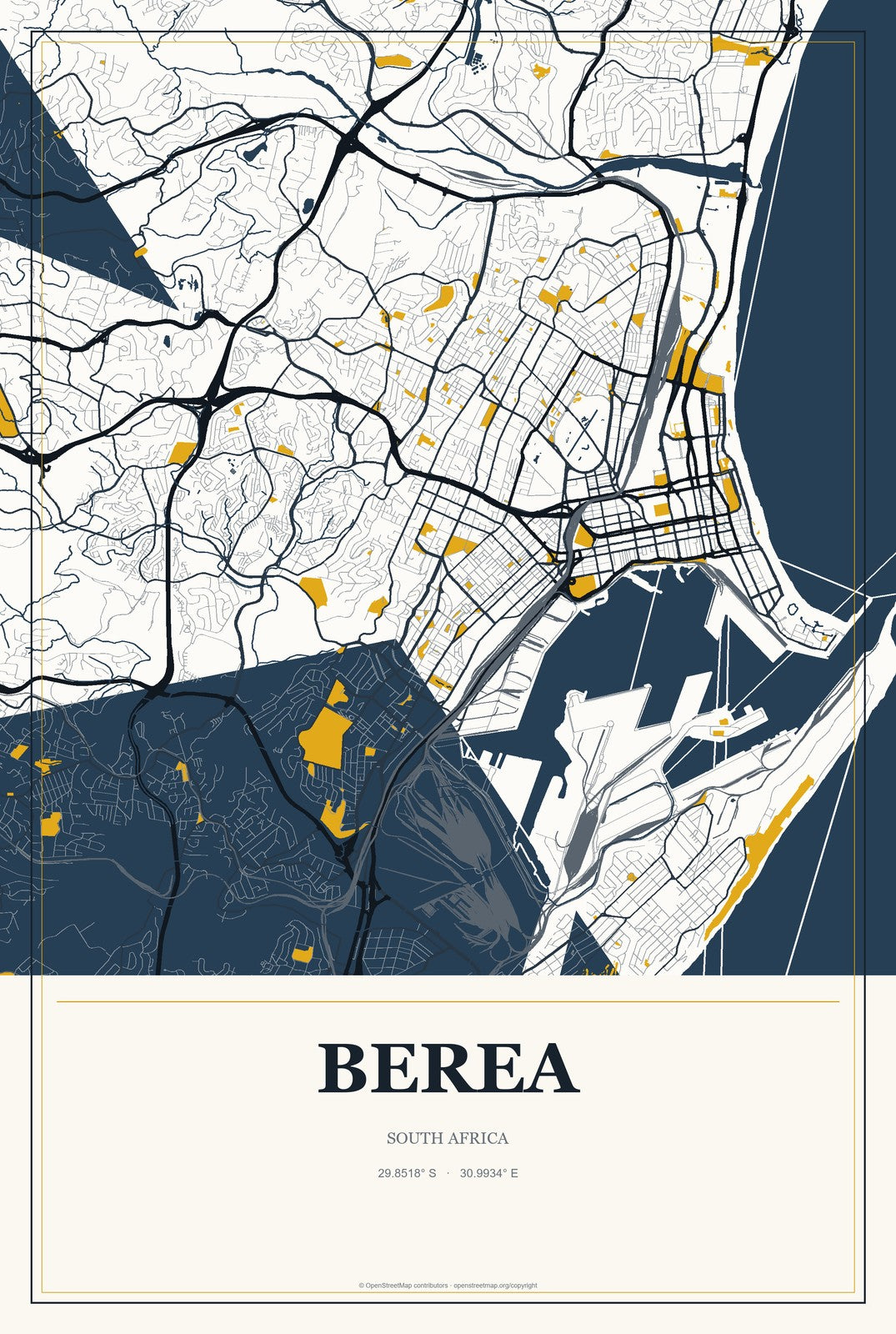 Berea, South Africa City Map Aluminum Sign in Citrine Modern style
