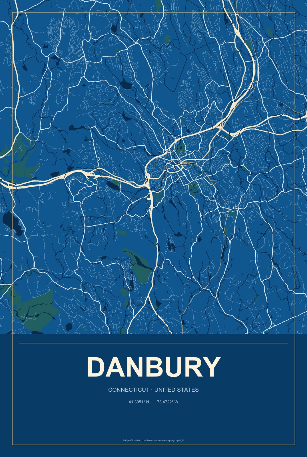 Danbury, Connecticut City Map Aluminum Sign in Harbor Cobalt style