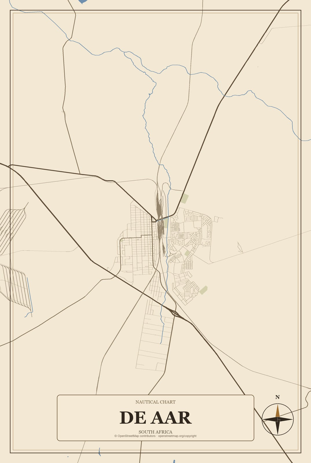 De Aar, South Africa City Map Aluminum Sign in Heritage Nautical style
