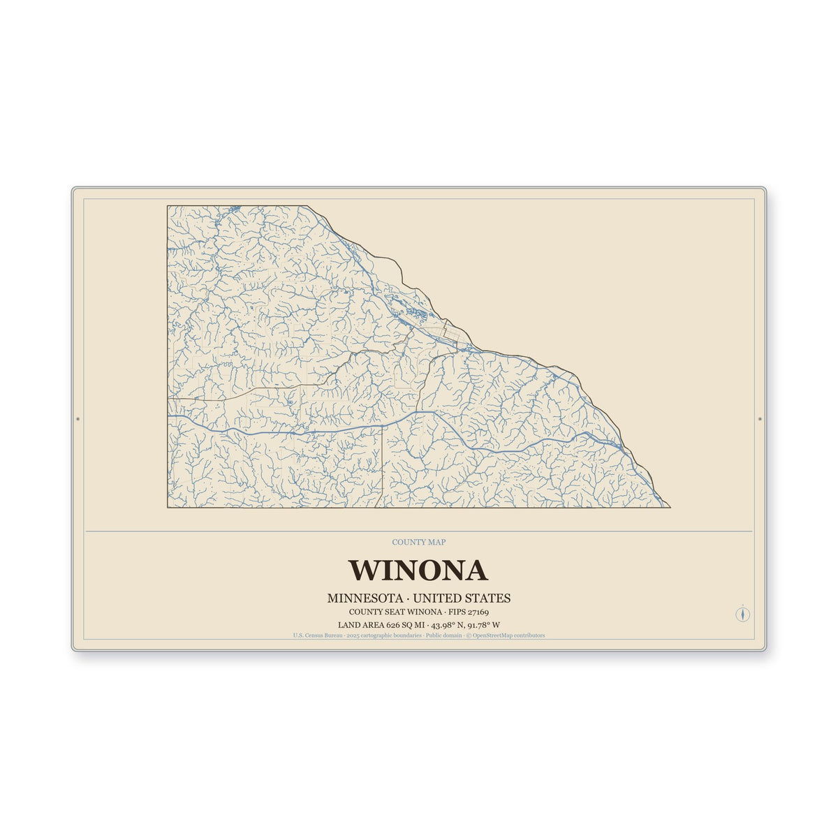 Winona County, Minnesota Map Aluminum Sign in Heritage Nautical style