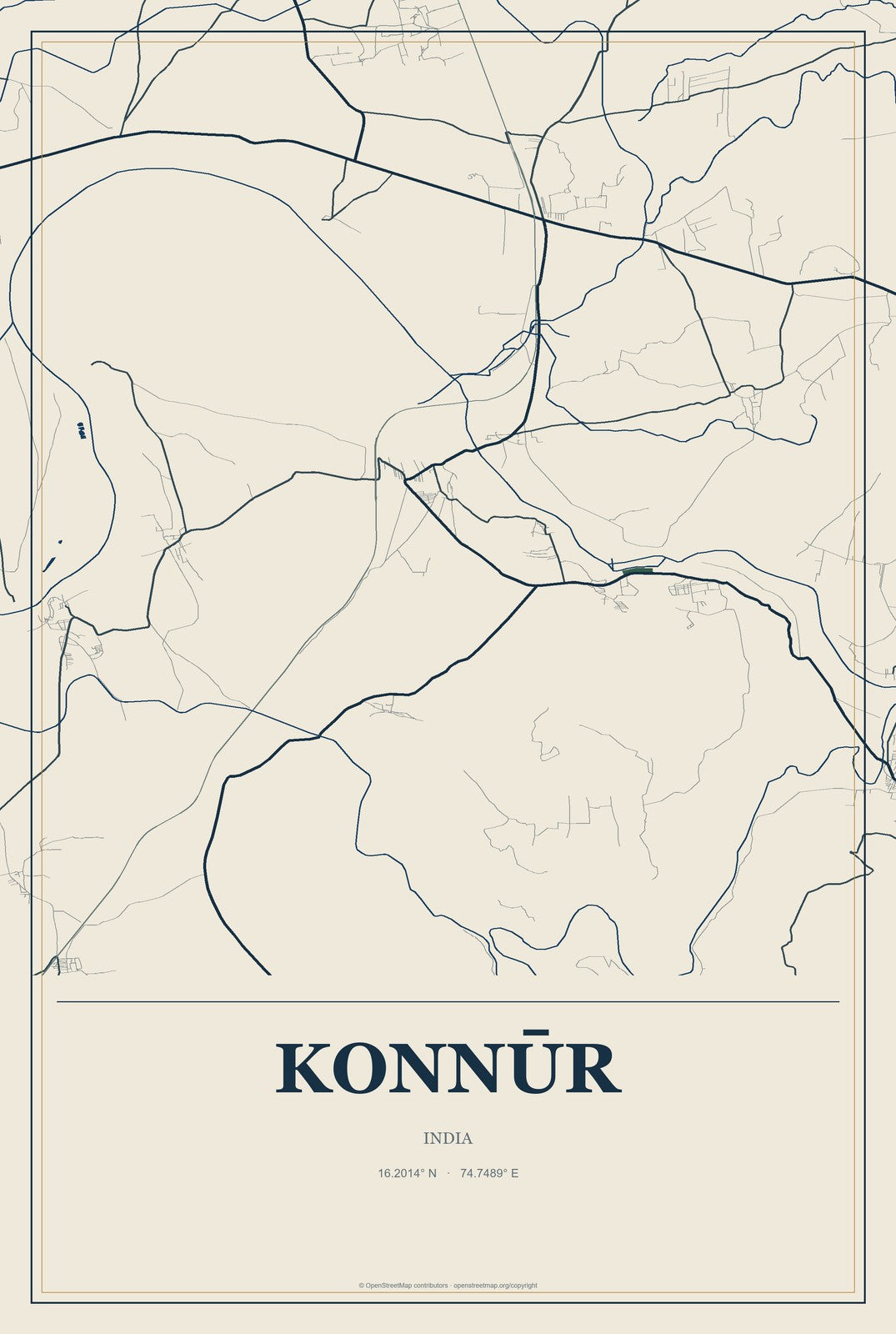 Konnūr, India City Map Aluminum Sign in Coastal Cutout style
