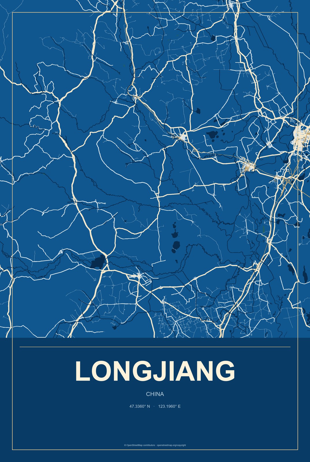Longjiang, China City Map Aluminum Sign in Harbor Cobalt style