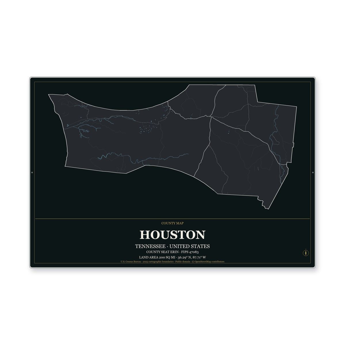 Houston County, Tennessee Map Aluminum Sign in Metropolitan Noir style