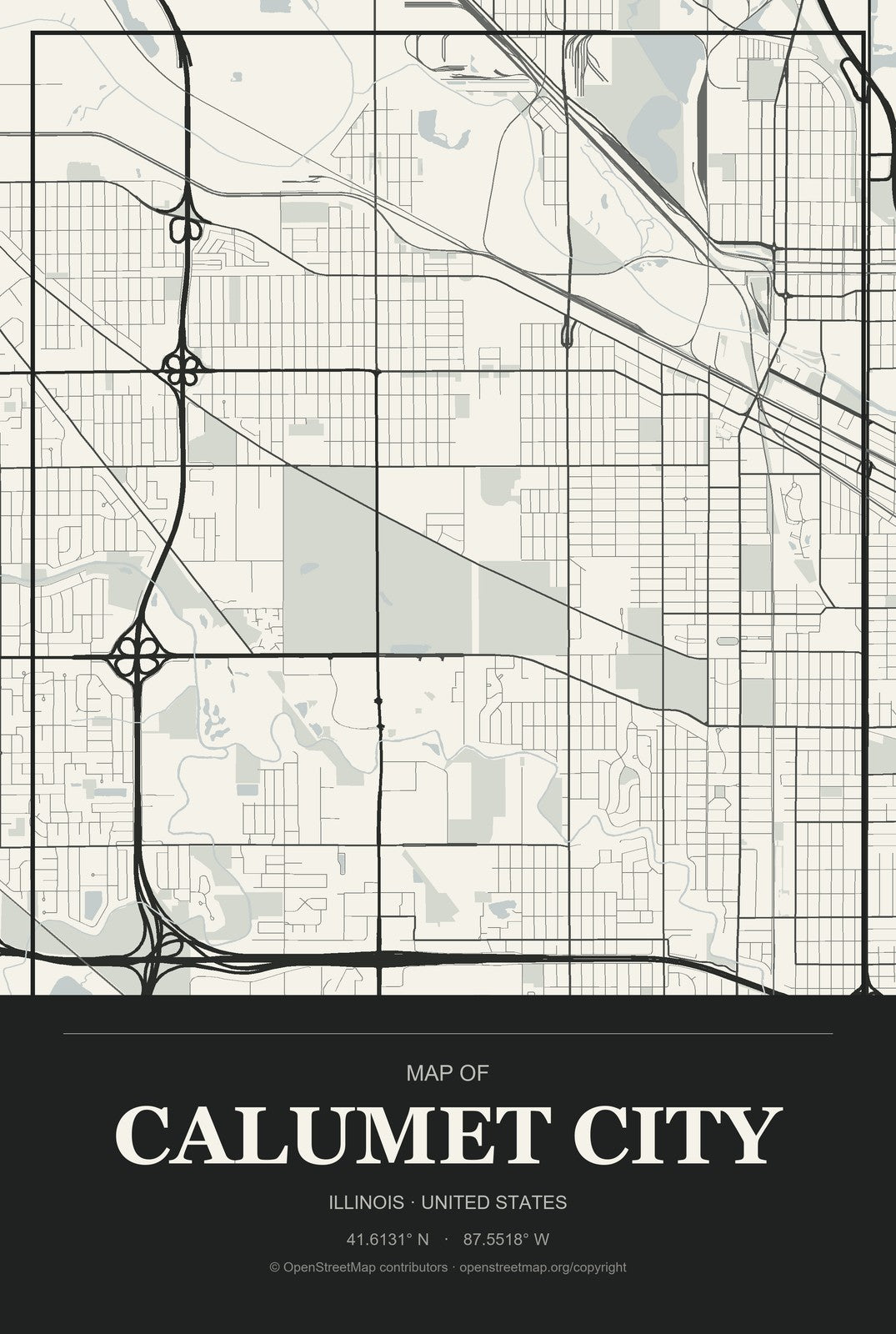 Calumet City, Illinois City Map Aluminum Sign in Museum Plaque style