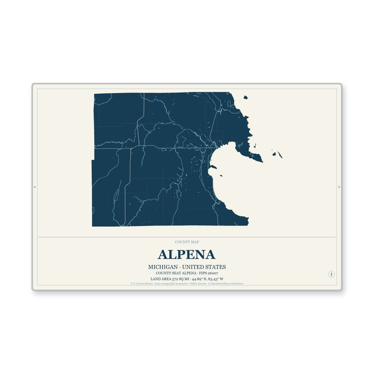 Alpena County, Michigan Map Aluminum Sign in Coastal Cutout style