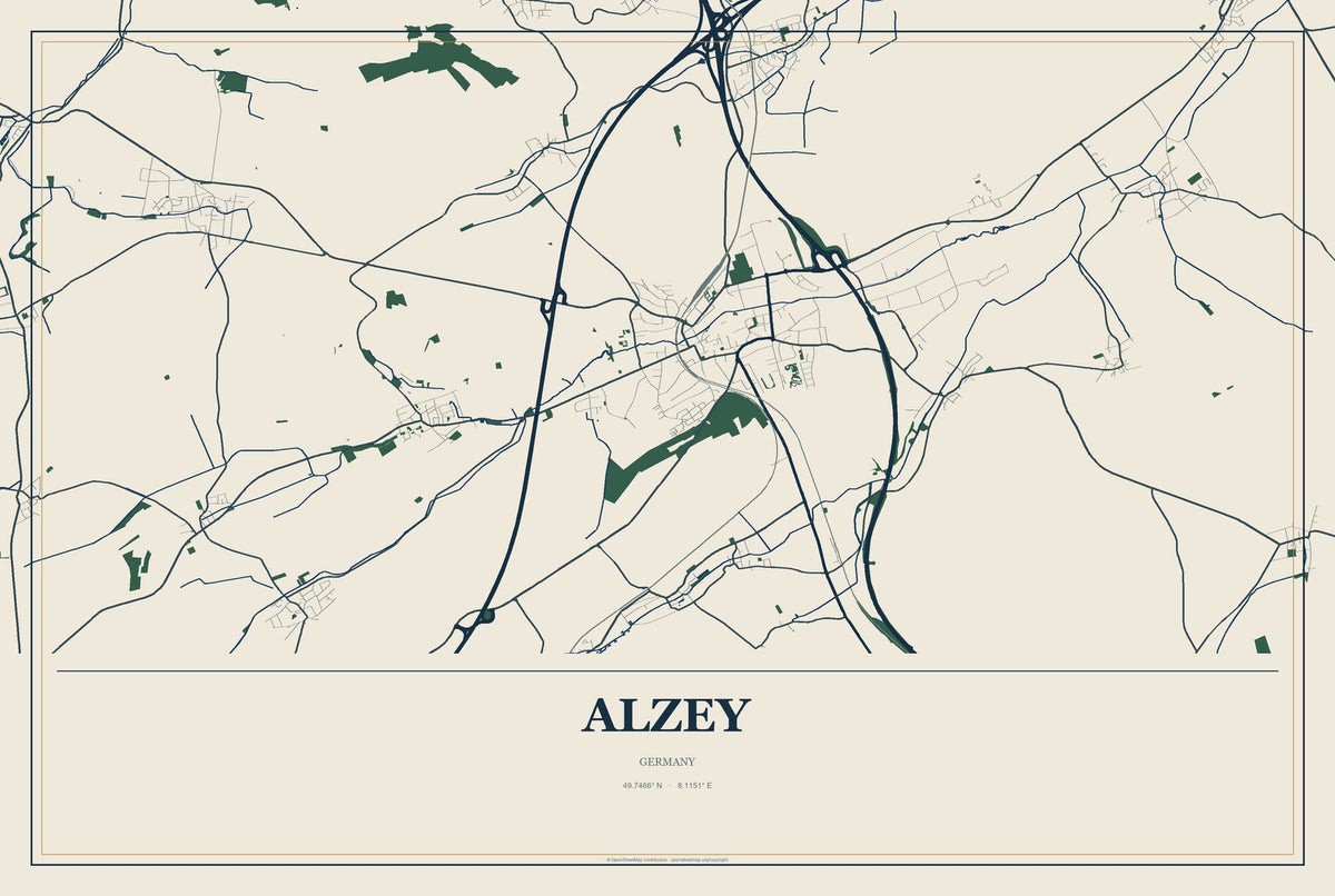 Alzey, Germany City Map Aluminum Sign in Coastal Cutout style