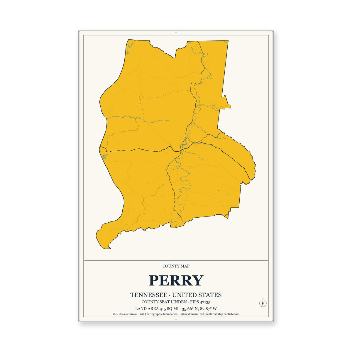 Perry County, Tennessee Map Aluminum Sign in Citrine Modern style