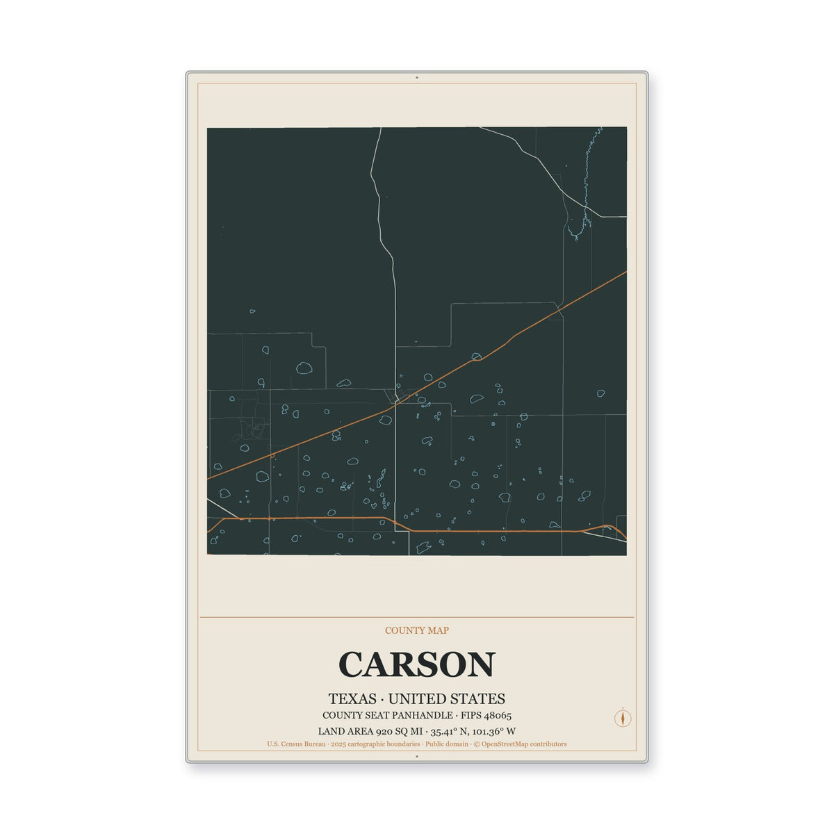 Carson County, Texas Map Aluminum Sign in Headline Atlas style