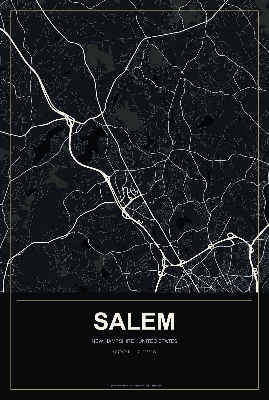 Salem, New Hampshire City Map Aluminum Sign in Metropolitan Noir style