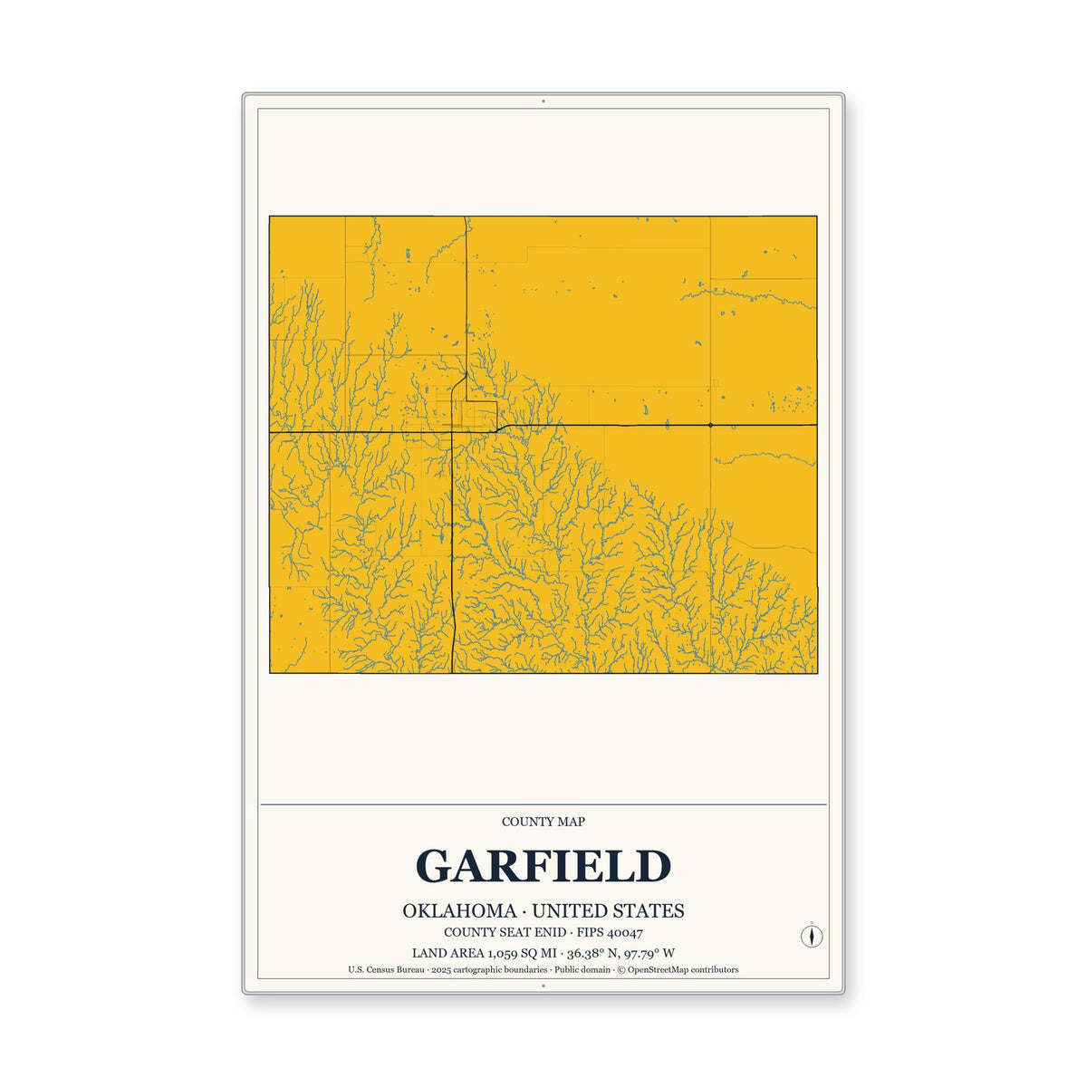 Garfield County, Oklahoma Map Aluminum Sign in Citrine Modern style