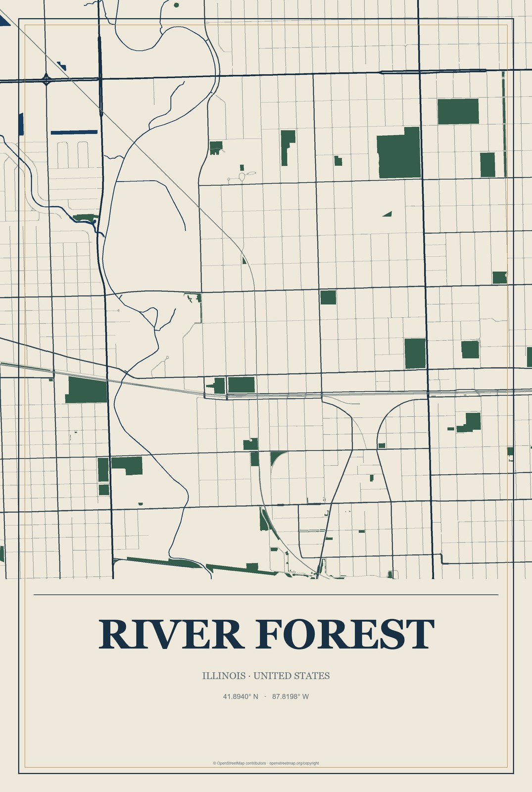 River Forest, Illinois City Map Aluminum Sign in Coastal Cutout style