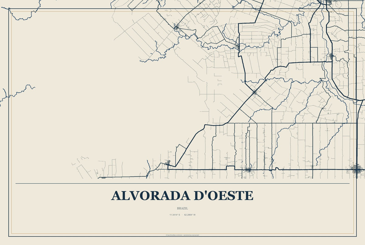 Alvorada d'Oeste, Brazil City Map Aluminum Sign in Coastal Cutout style