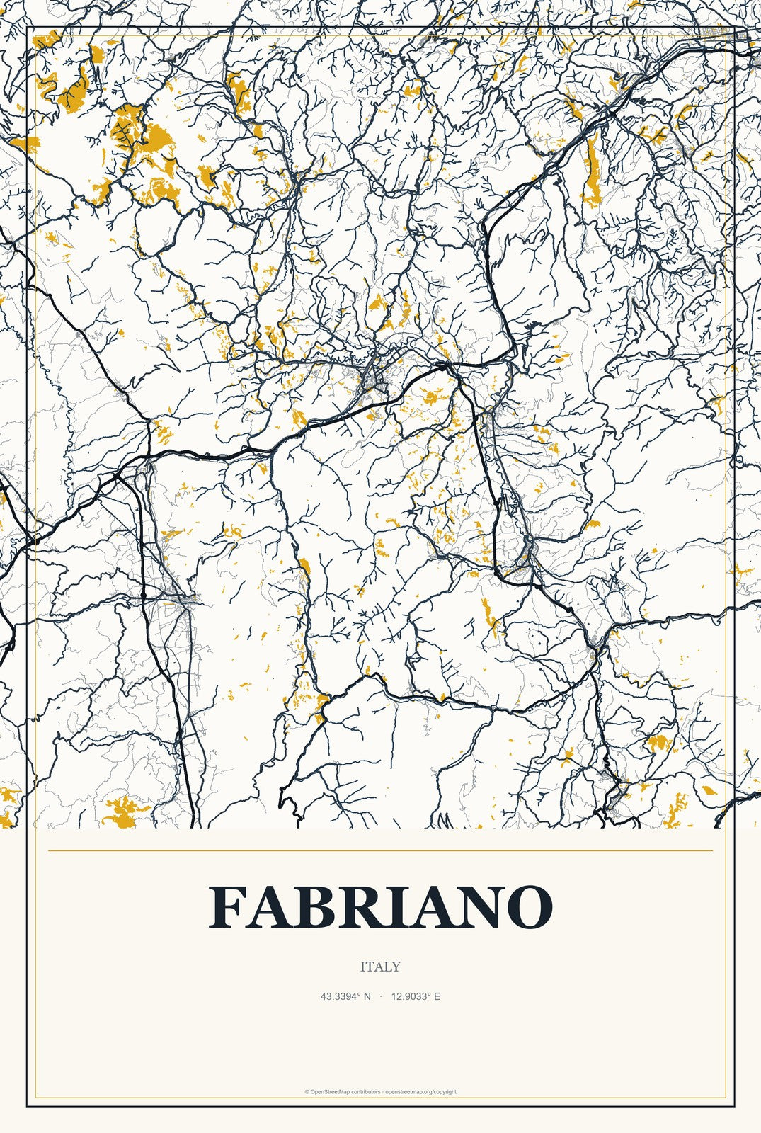 Fabriano, Italy City Map Aluminum Sign in Citrine Modern style