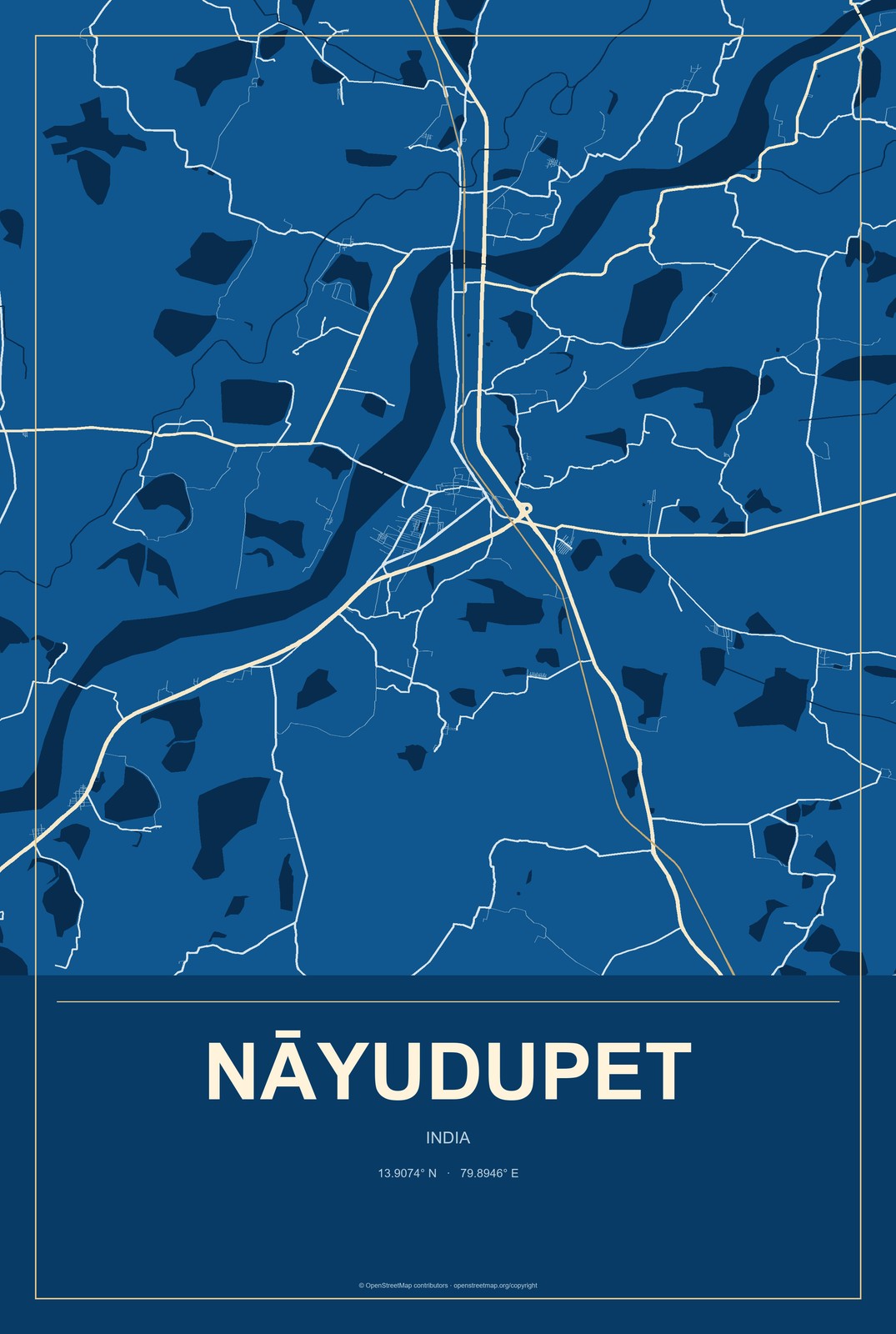 Nāyudupet, India City Map Aluminum Sign in Harbor Cobalt style