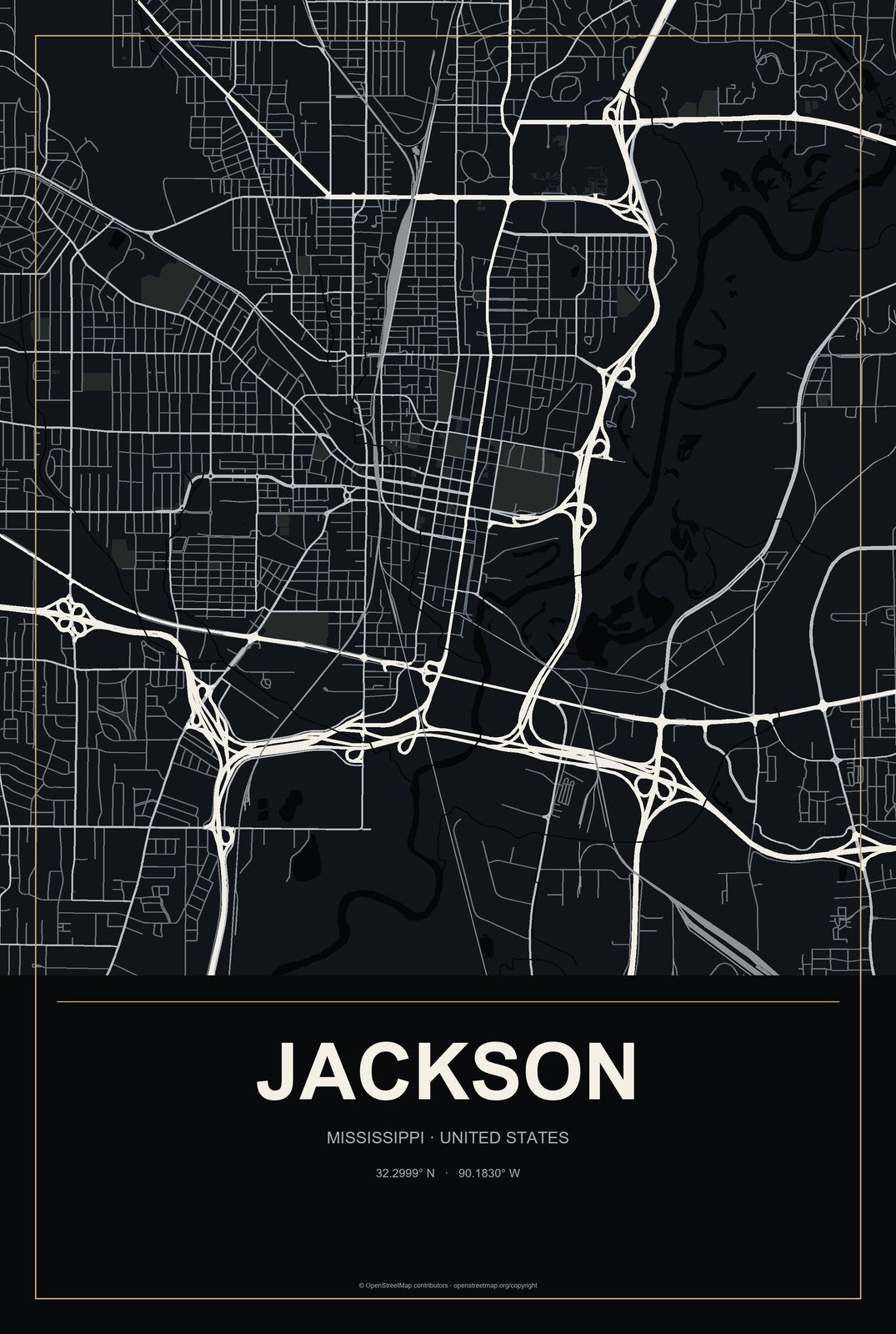 Jackson, Mississippi City Map Aluminum Sign in Metropolitan Noir style