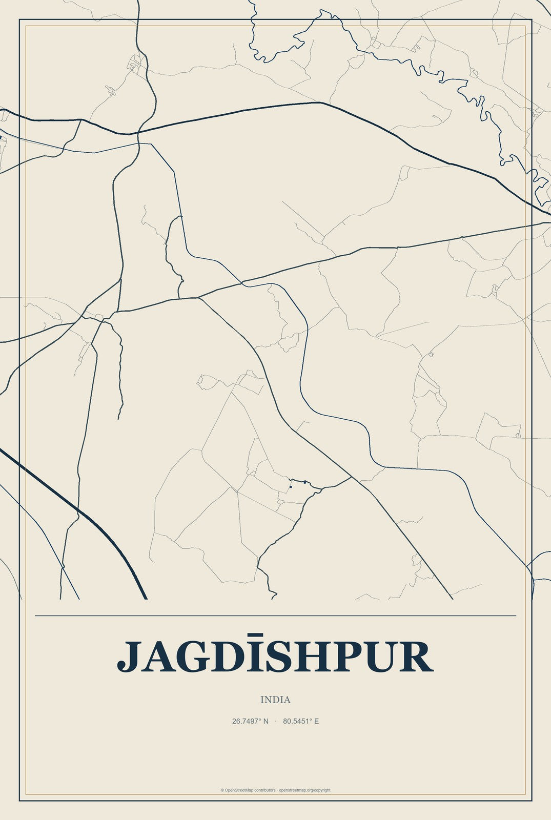Jagdīshpur, India City Map Aluminum Sign in Coastal Cutout style